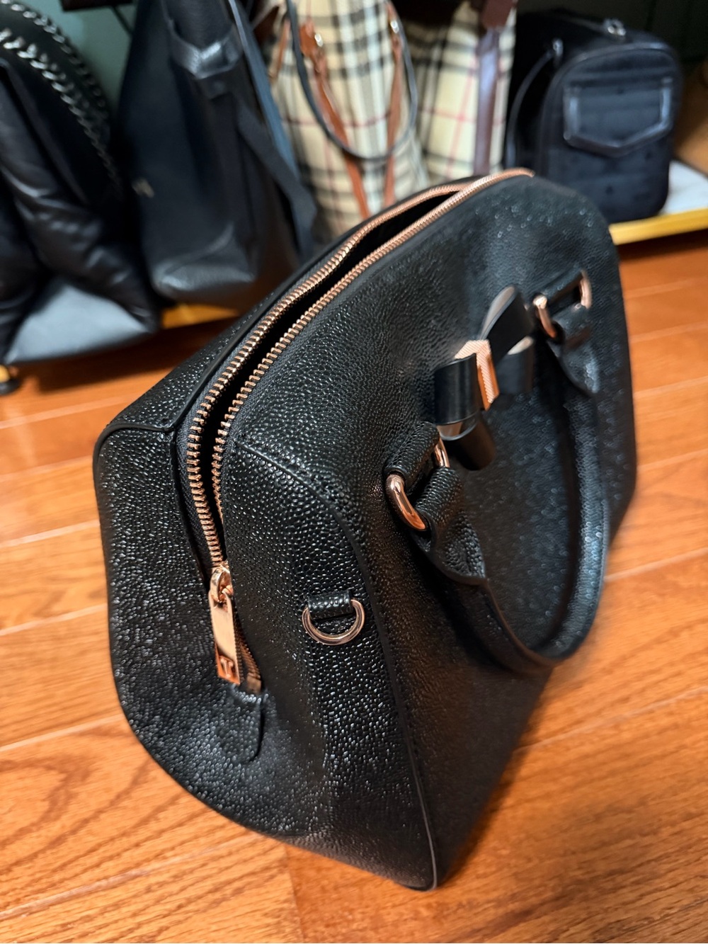 Ted Baker Black Textured Bow Dome Satchel with Rose Gold Hardware - Picture 8 of 8